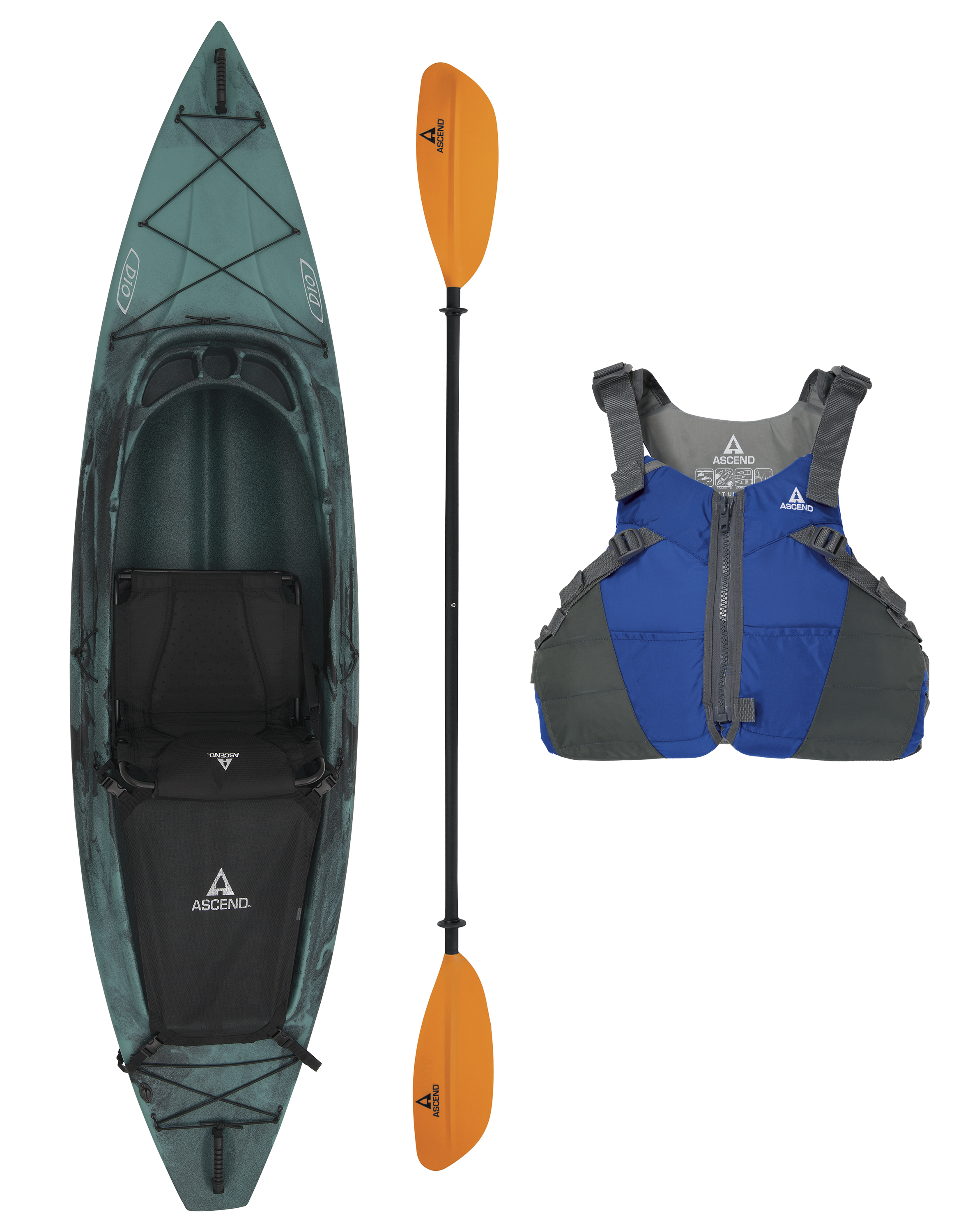 Ascend D10 Aqua Blue SitIn Kayak, Paddle, and Life Jacket Package